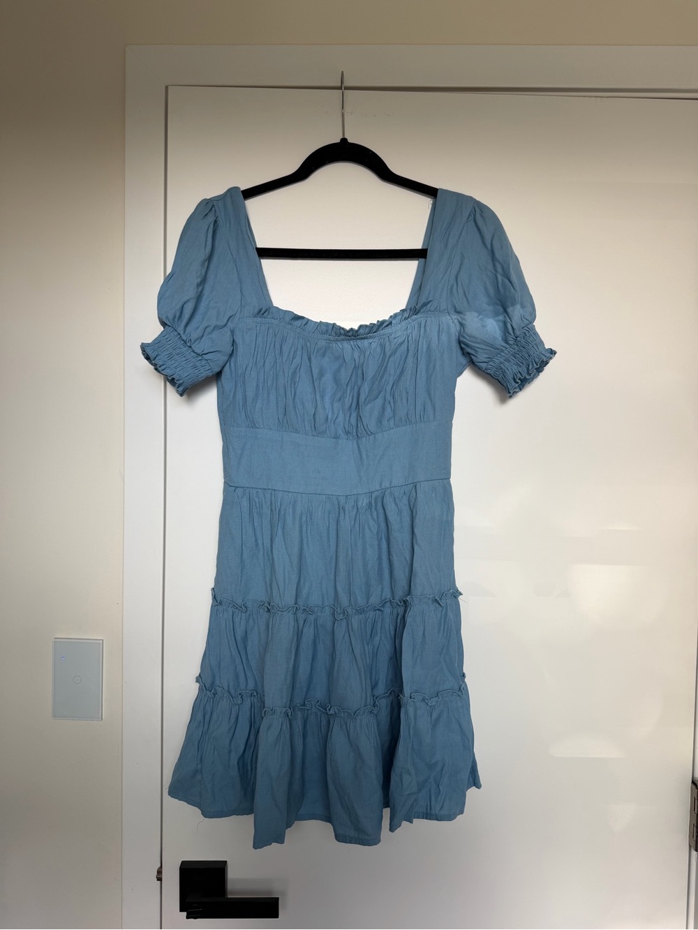 Light Blue Puff Sleeve Tiered Dress